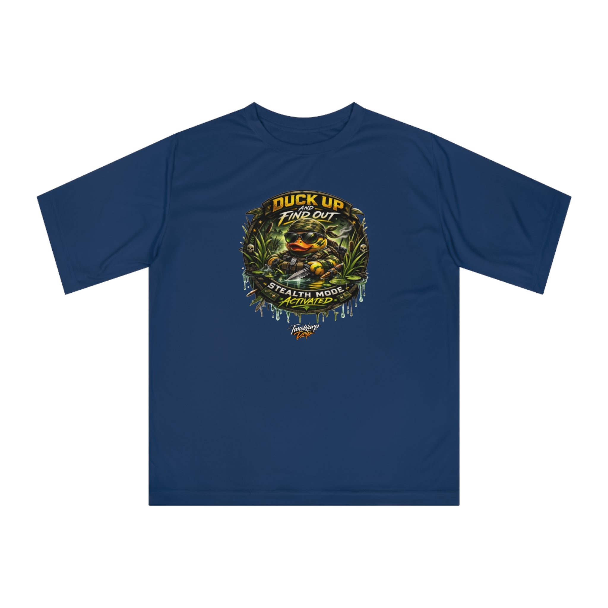 TimeWarp Drip Duck Up Find Out Camo Tee—bold veteran Premium Urban Fashionin urban camo; performance fit, XS-2XL, check size chart for drip details. Premium Urban Fashionapparel