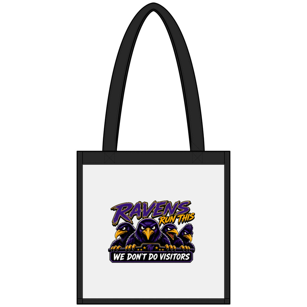 TimeWarp Drip Clear stadium tote with bold "We Don’t Do Visitors" print, black handles—Game Day streetwear swagger, standout style. streetwear apparel