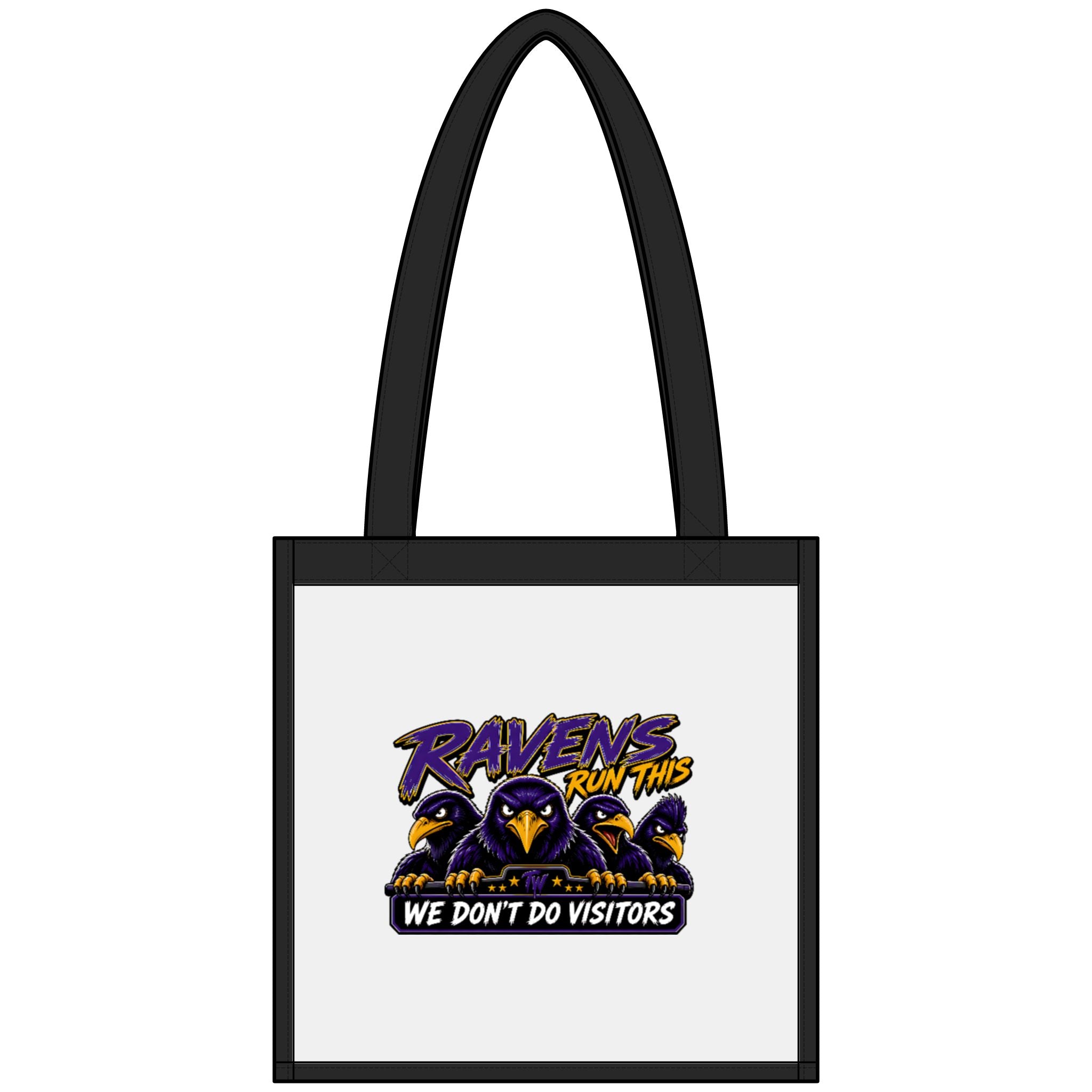 TimeWarp Drip Clear stadium tote with bold "We Don’t Do Visitors" print, black handles—Game Day streetwear swagger, standout style. streetwear apparel