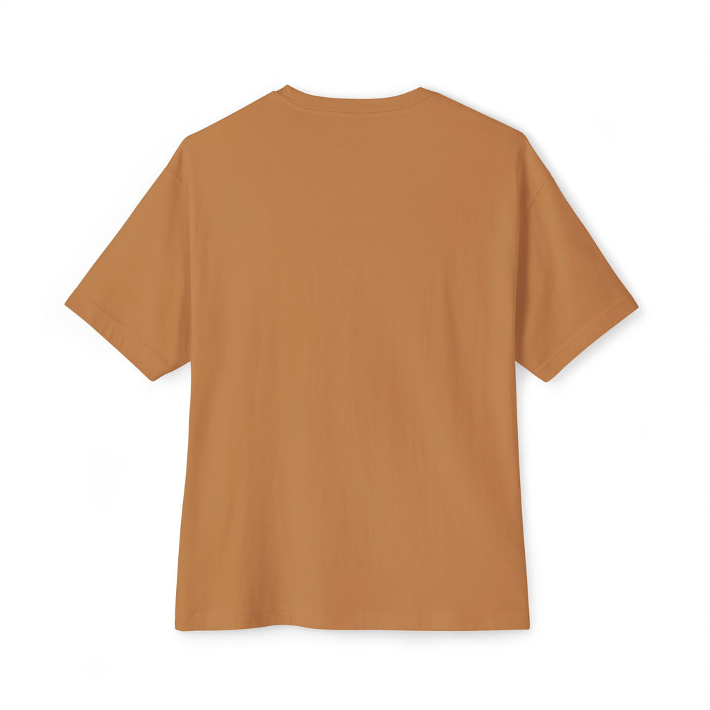 The Crowned In Every Era Unisex Oversized Boxy Tee is a soft airlume combed cotton shirt in solid light brown, featuring short sleeves and a relaxed, boxy fit, shown from the back against a white background.
