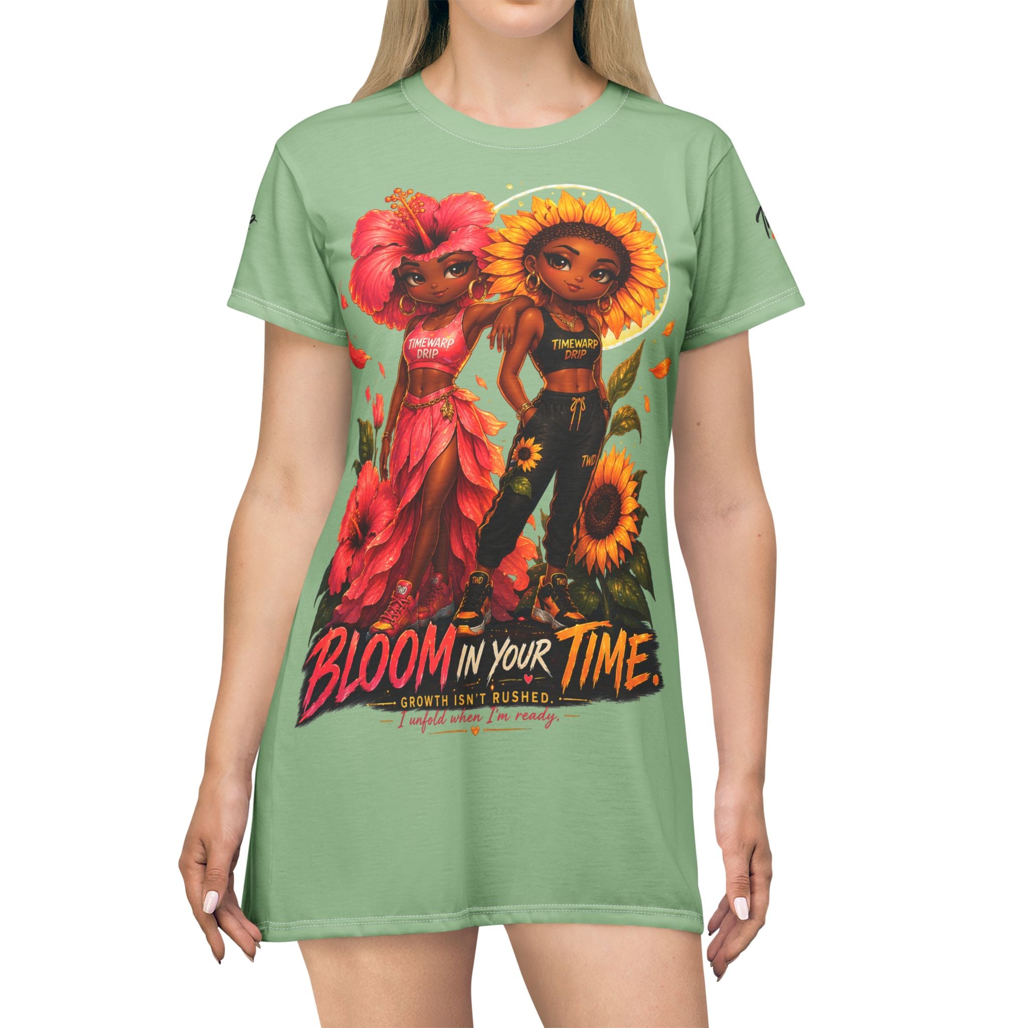 TimeWarp Drip Strut in the "Bloom In Your Time" Sunflower T-Shirt Dress—green floral streetwear heat from TimeWarp Drip, Park Edit. streetwear apparel