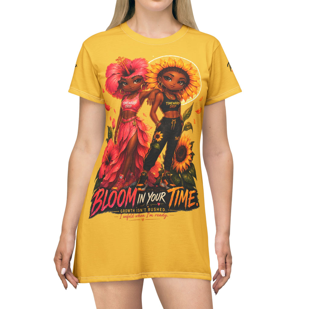 TimeWarp Drip Queen vibes in a yellow Bloom In Your Time Sunflower T-Shirt Dress featuring bold Black girl art—street style, all day. streetwear apparel