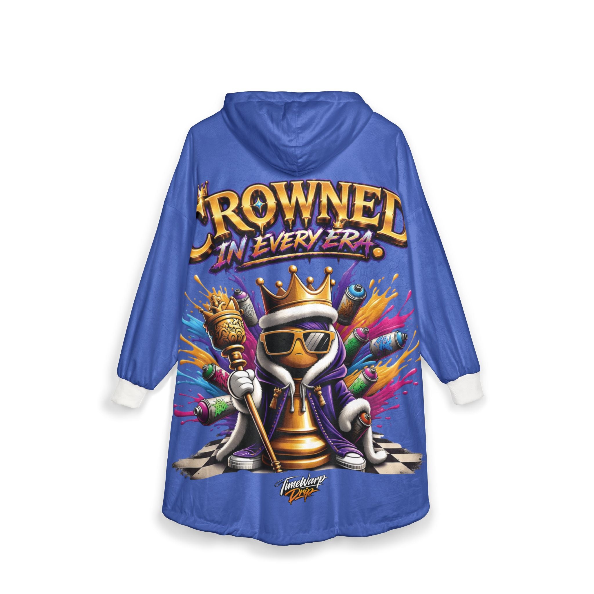 The "Crowned in Every Era" Royal Chess Graphic Hooded Blanket in royal blue features a cartoon chess king with sunglasses, crown, and scepter amid spray paint cans—bold streetwear for making a statement. One size fits most.