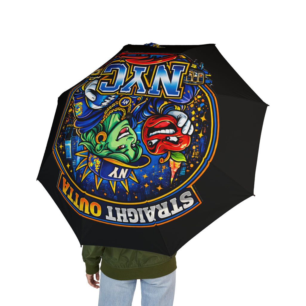 Black NYC Night Out foldable umbrella with colorful design, semi-automatic rain umbrella by TimeWarp Drip, compact and stylish accessories