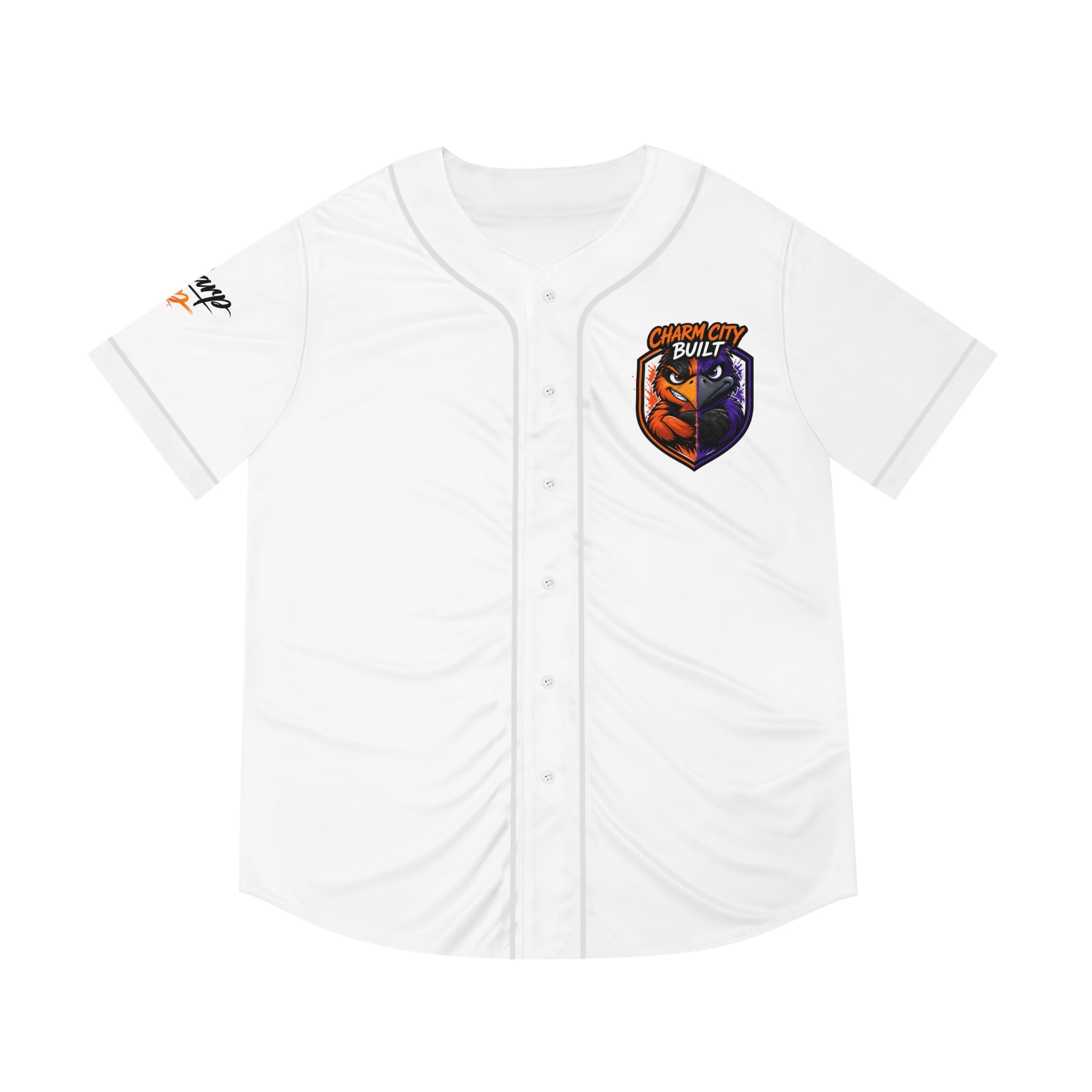 TimeWarp Drip – Black graphic baseball jersey with “Charm City Built” lettering, bold streetwear edge, urban culture style, high-end finish. | premium streetwear