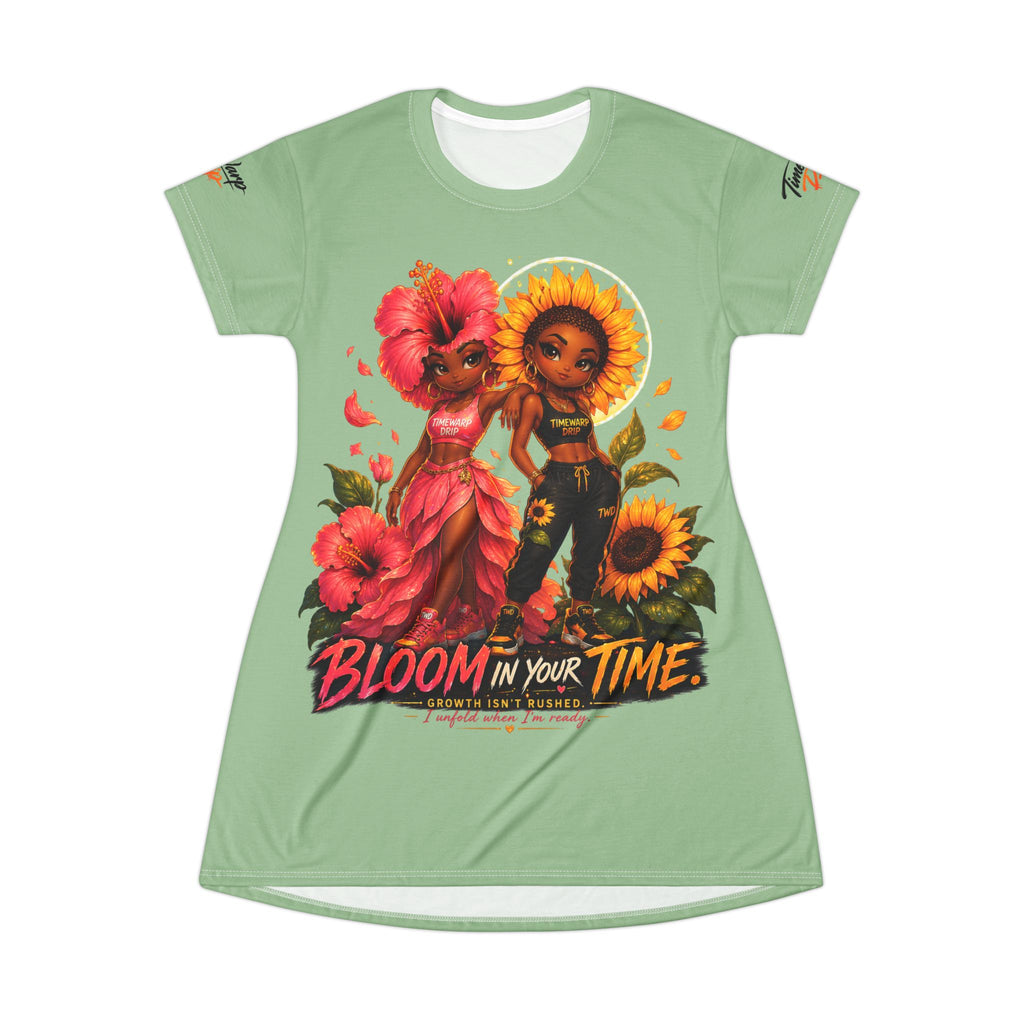 TimeWarp Drip Sunflower T-Shirt Dress: bold green florals, “Bloom in your time” streetwear drip—stand tall, shine bright!. streetwear apparel