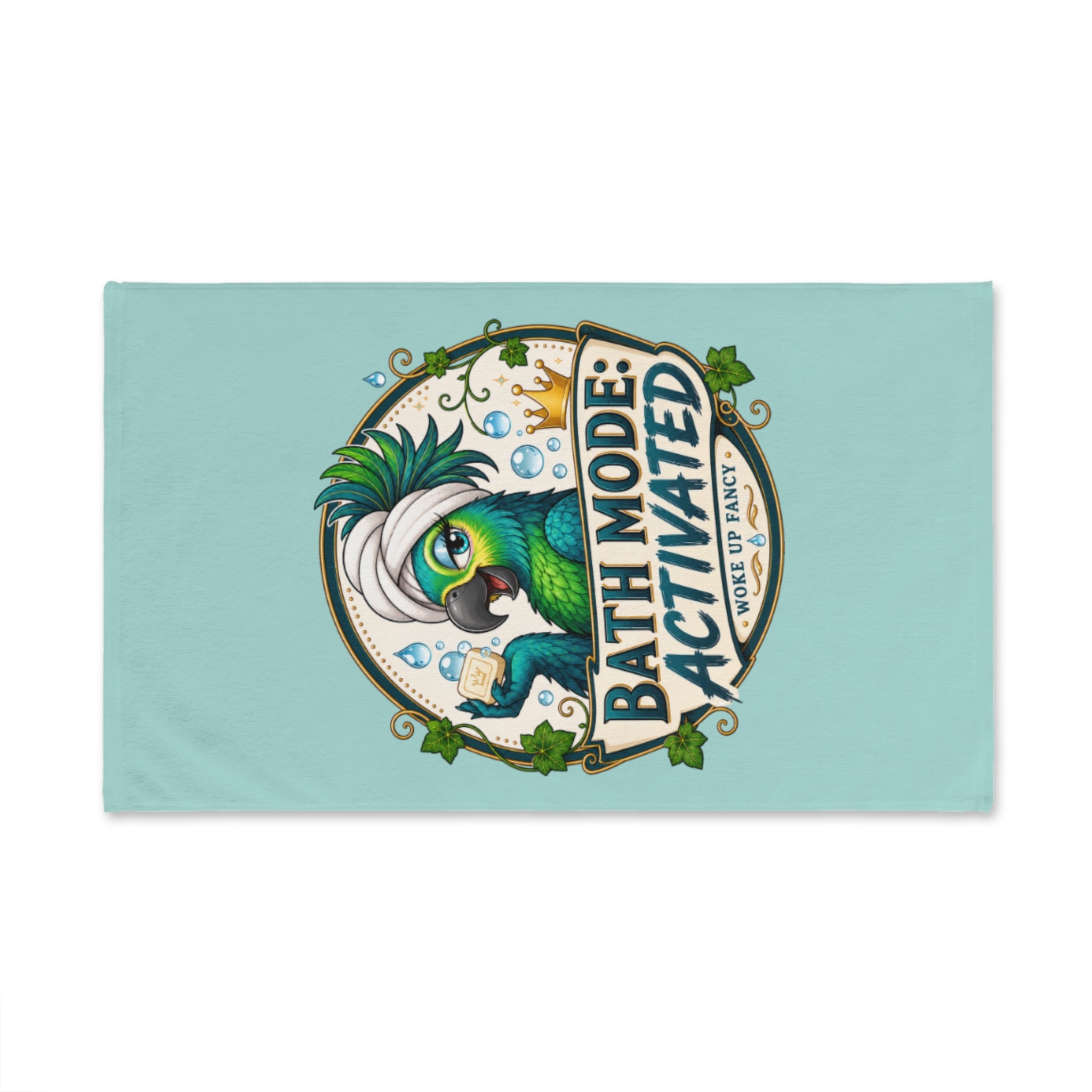 TimeWarp Drip Bath Mode Activated Parrot Hand Towel—bold, street-cool design, playful parrot graphic, white spa-style bathroom decor.
