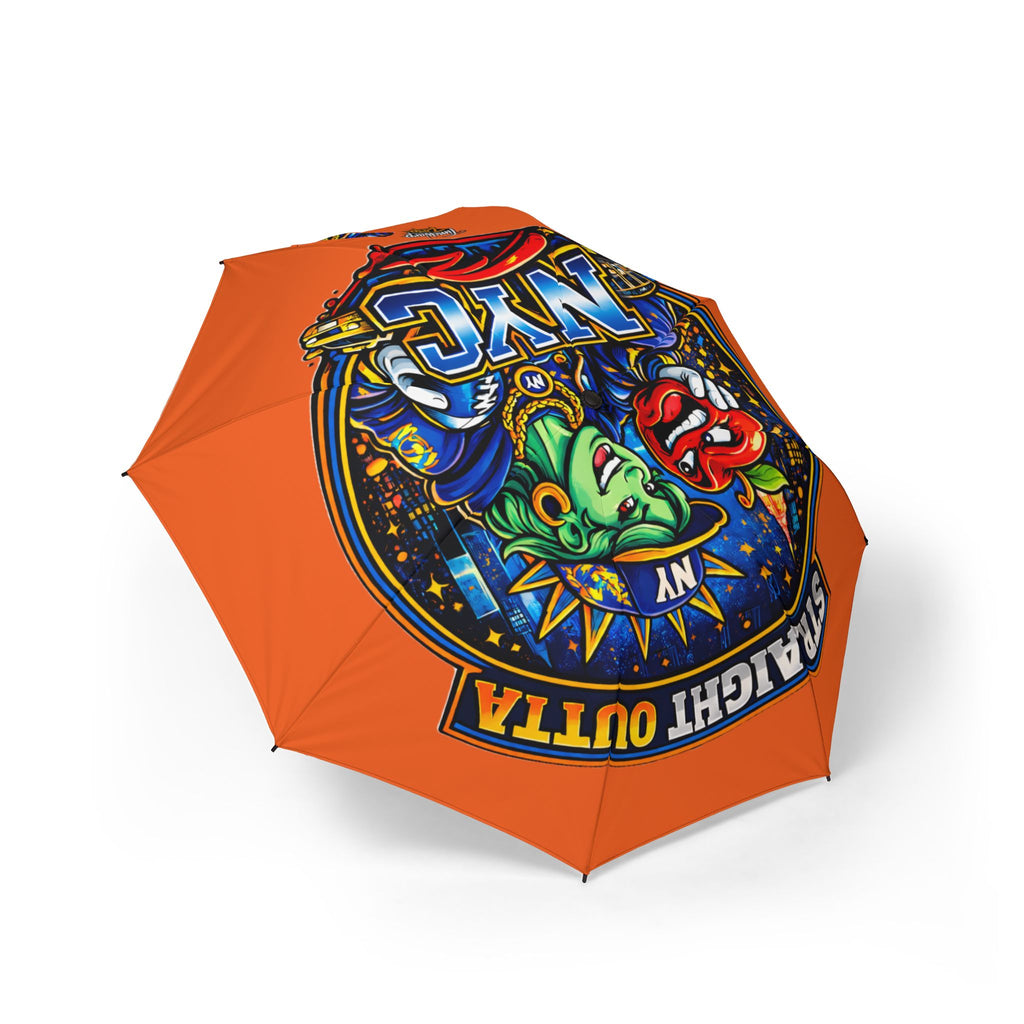 Orange NYC Night Out foldable umbrella with colorful design, semi-automatic rain umbrella by TimeWarp Drip, perfect for stylish weather protection.