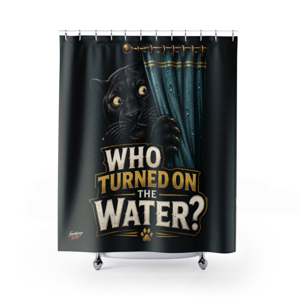 TimeWarp Drip Drip out your bathroom! Bold white Printify shower curtain with a cheeky animal popping on “Who Turned on the Water?” design. streetwear apparel
