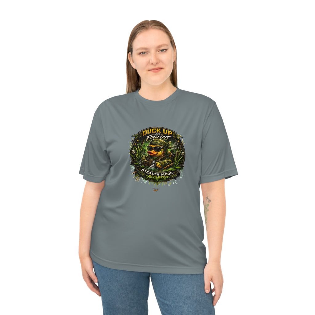 TimeWarp Drip Woman rocks TimeWarp Drip ’s Duck Up Find Out gray tee, veteran camo drip, XS-2XL—ultimate street-savvy female duck hunting style. Premium Urban Fashionapparel
