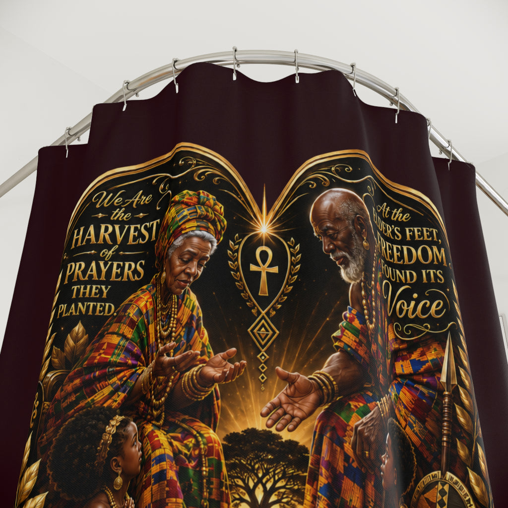 TimeWarp Drip – Shower curtain in bold colors, Afrocentric Tree of Life art, golden ankh, Elder Black couple—urban legacy redefined. | premium streetwear