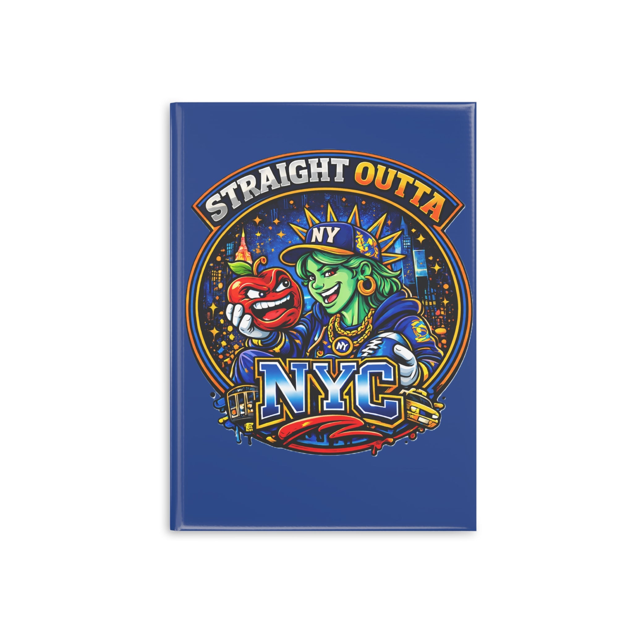 Hardcover notebook with "Straight Outta NYC" and Statue of Liberty graphic, featuring a New York City-themed design by TimeWarp Drip.