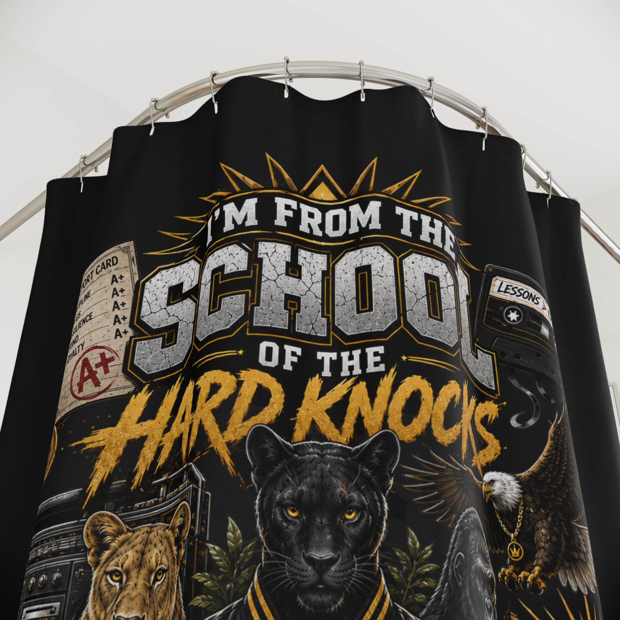 TimeWarp Drip – Black motivational shower curtain with bold urban lettering, injecting streetwise energy and confidence into the bathroom decor. | premium streetwear