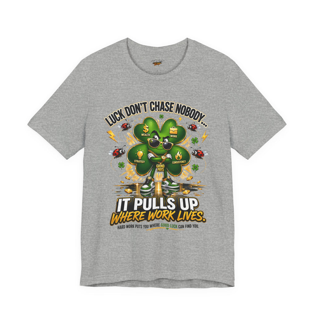 TimeWarp Drip Gray Printify tee—Airlume cotton, bold clover flexing shades and coins, “Luck Don’t Chase Nobody” streetwear statement. streetwear apparel