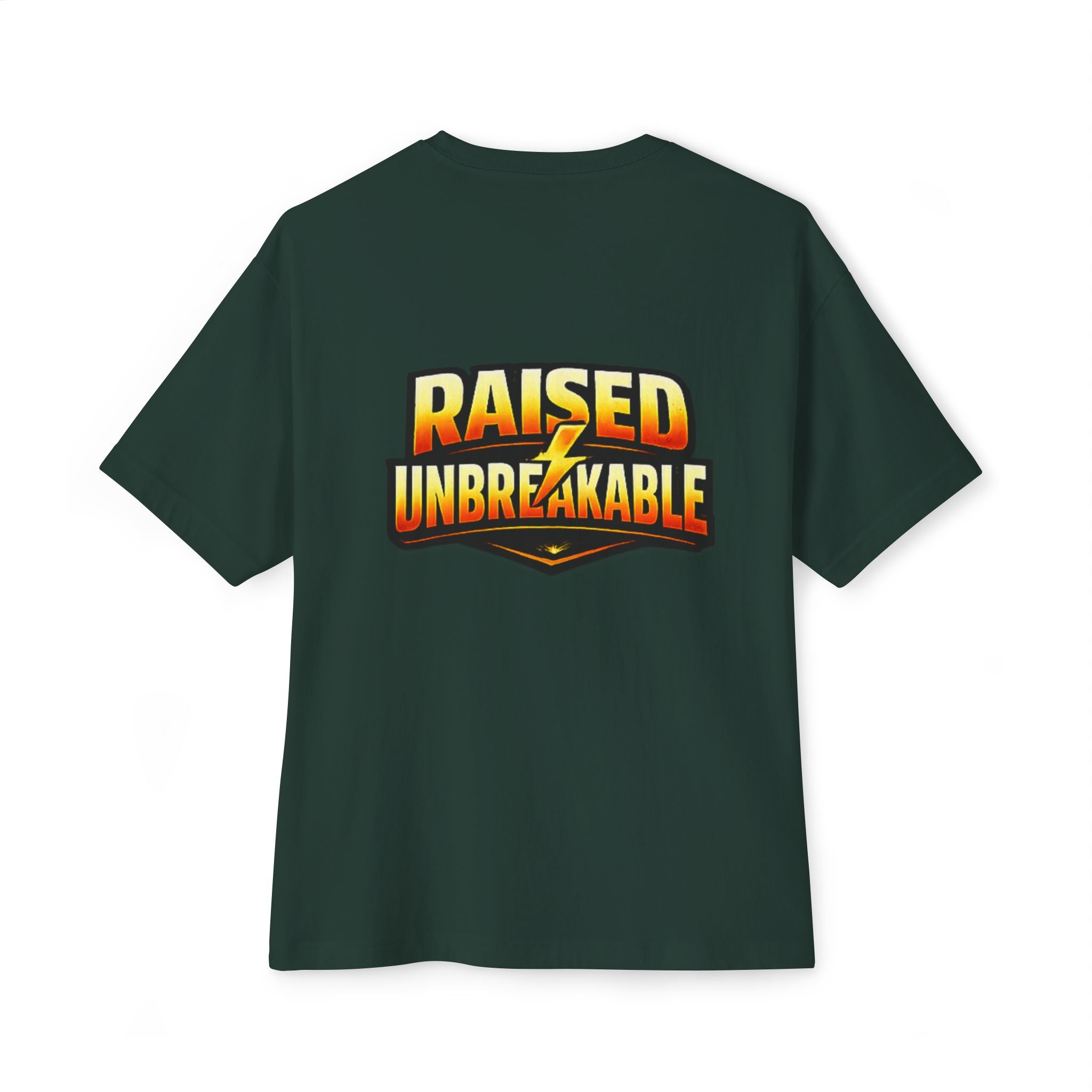 The Generation X Parenting "Come Get Em" Tee by TimeWarp Drip is a dark green oversized boxy t-shirt in breathable cotton, with bold yellow and orange "RAISED UNBREAKABLE" text and a stylized lightning bolt on the back.