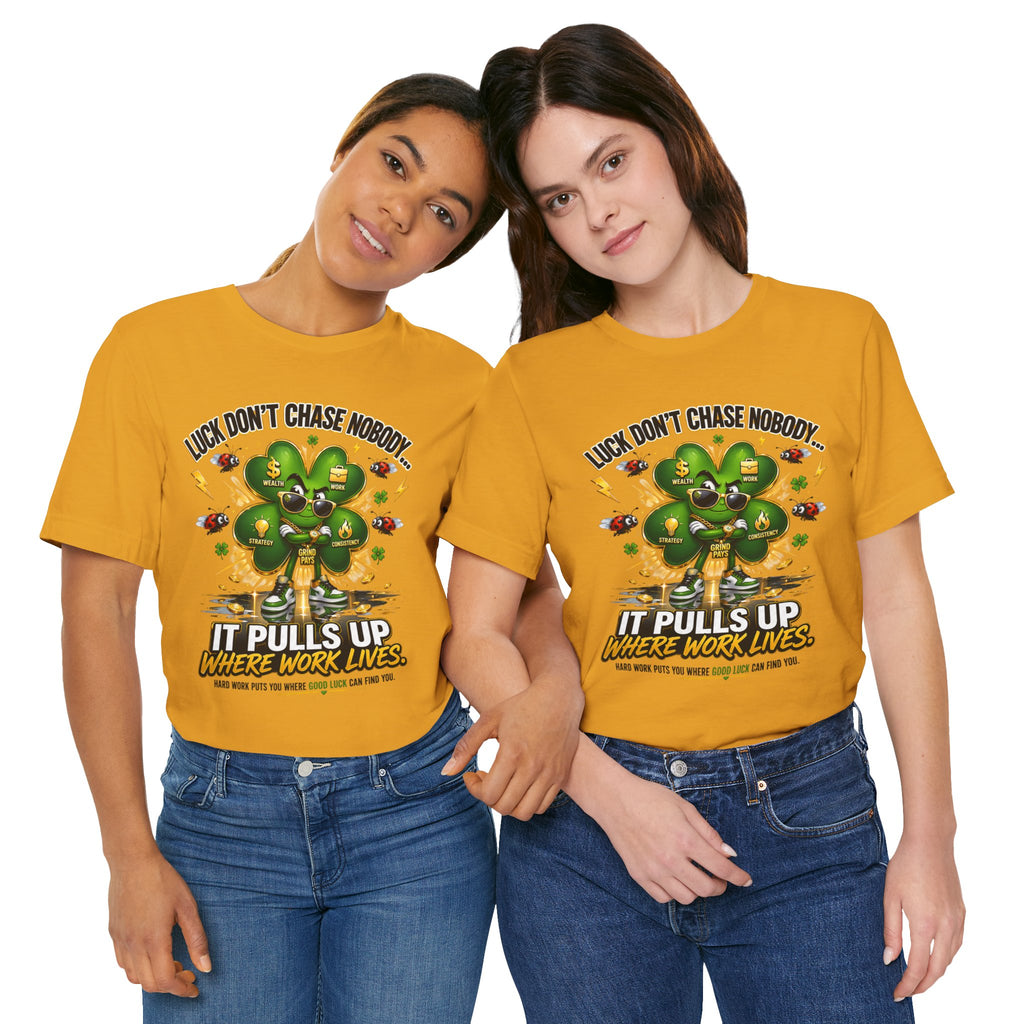 TimeWarp Drip Two women flex in bold black Lucky Clover TimeWarp Drip street tees (S-XL), rocking green shamrocks and power phrases. streetwear apparel