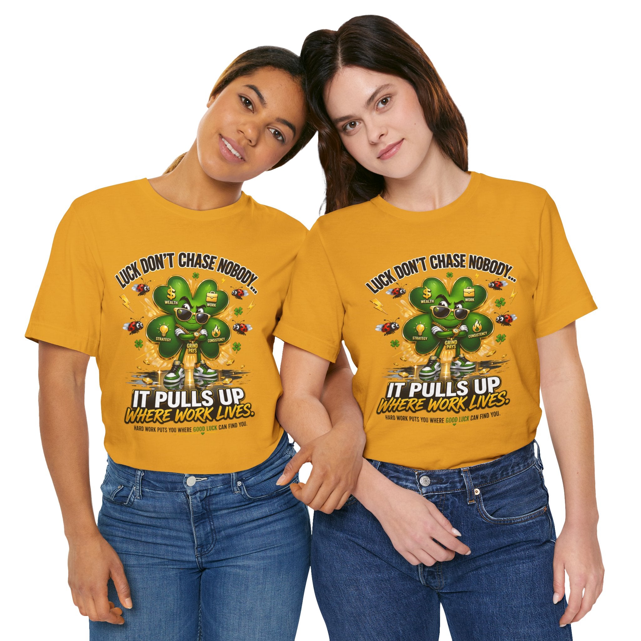 TimeWarp Drip Two women flex in bold black Lucky Clover TimeWarp Drip street tees (S-XL), rocking green shamrocks and power phrases. streetwear apparel