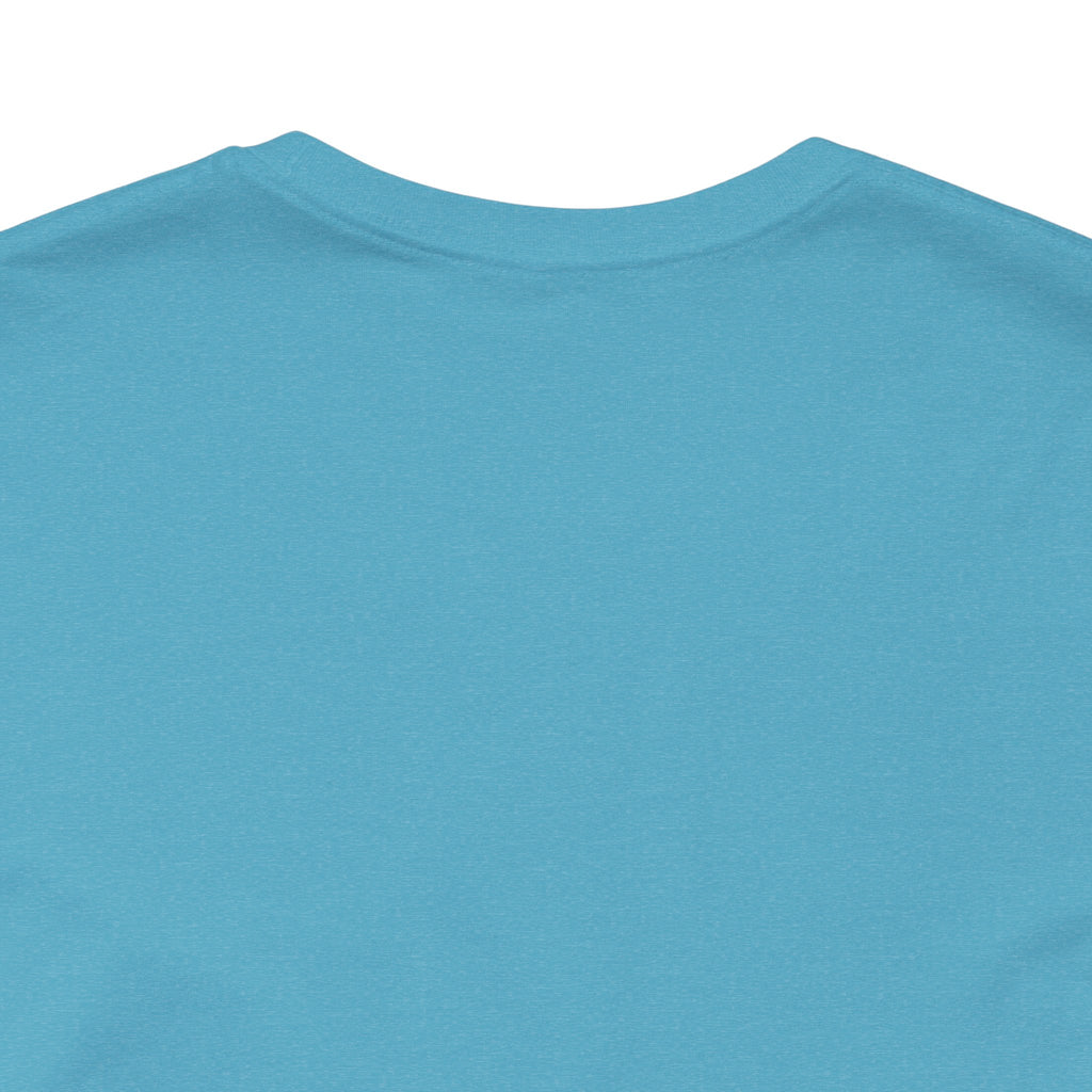 A close-up of the upper back of the Lucky Clover "Pulls Up Lives" Graphic T-Shirt by TimeWarp Drip, featuring a crew neckline in light blue, available in sizes S to 3XL.