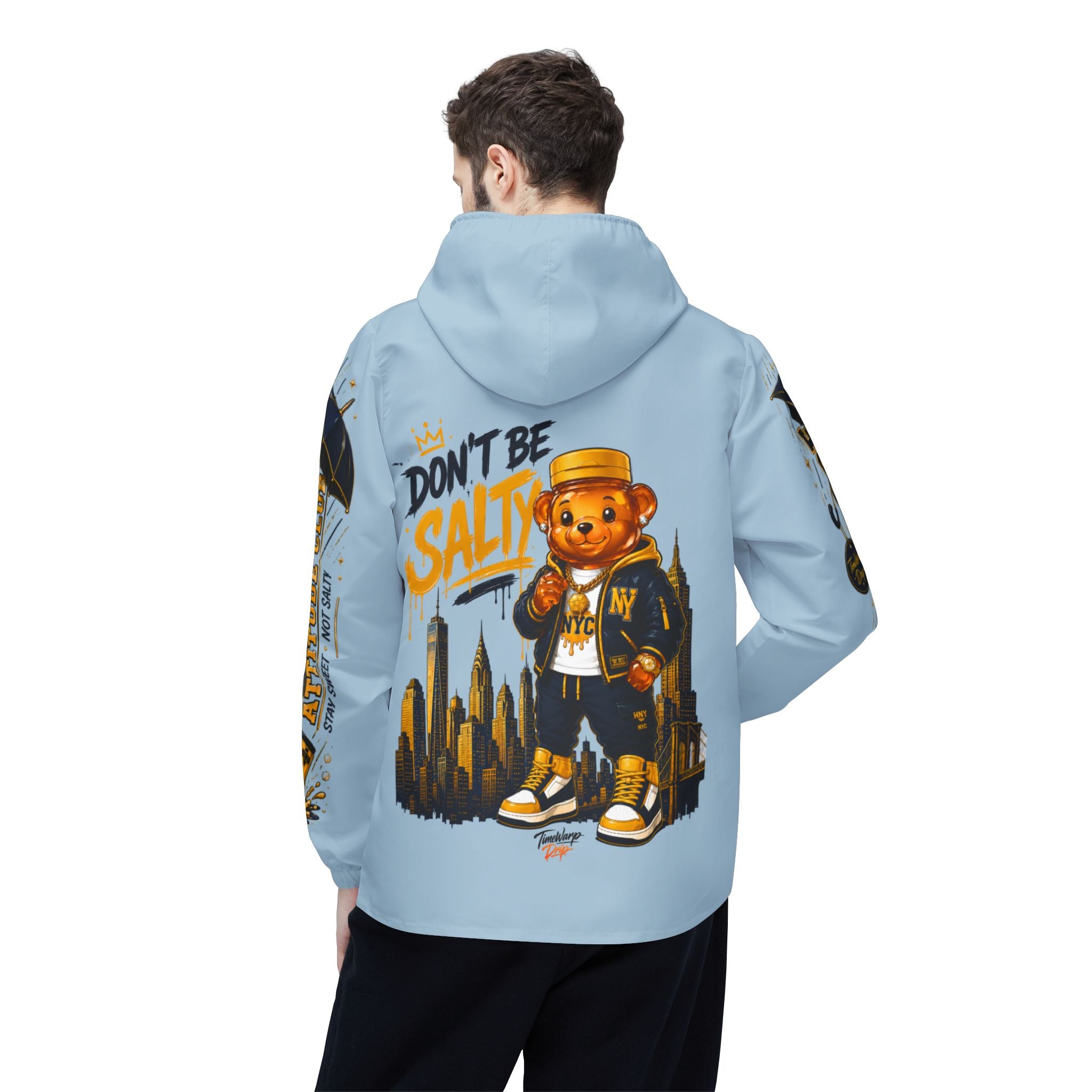 TimeWarp Drip Don't Be Salty Honey Bear Windbreaker – Retro Blue Drip – Don't Be Salty Streetwear | TimeWarp Drip
