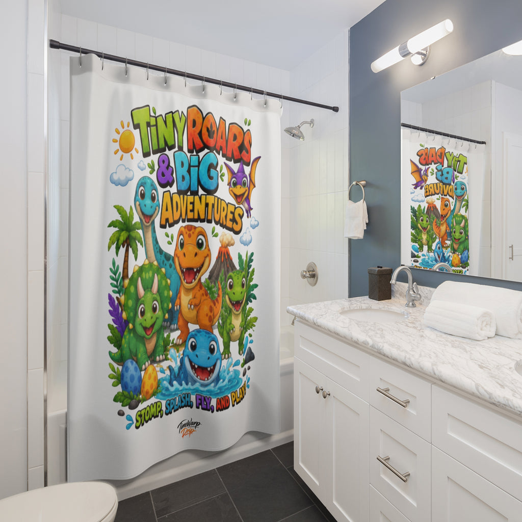 TimeWarp Drip Tiny Roars & Big Adventures Shower Curtain – Multi – Kids Bathroom Decor | TimeWarp Drip