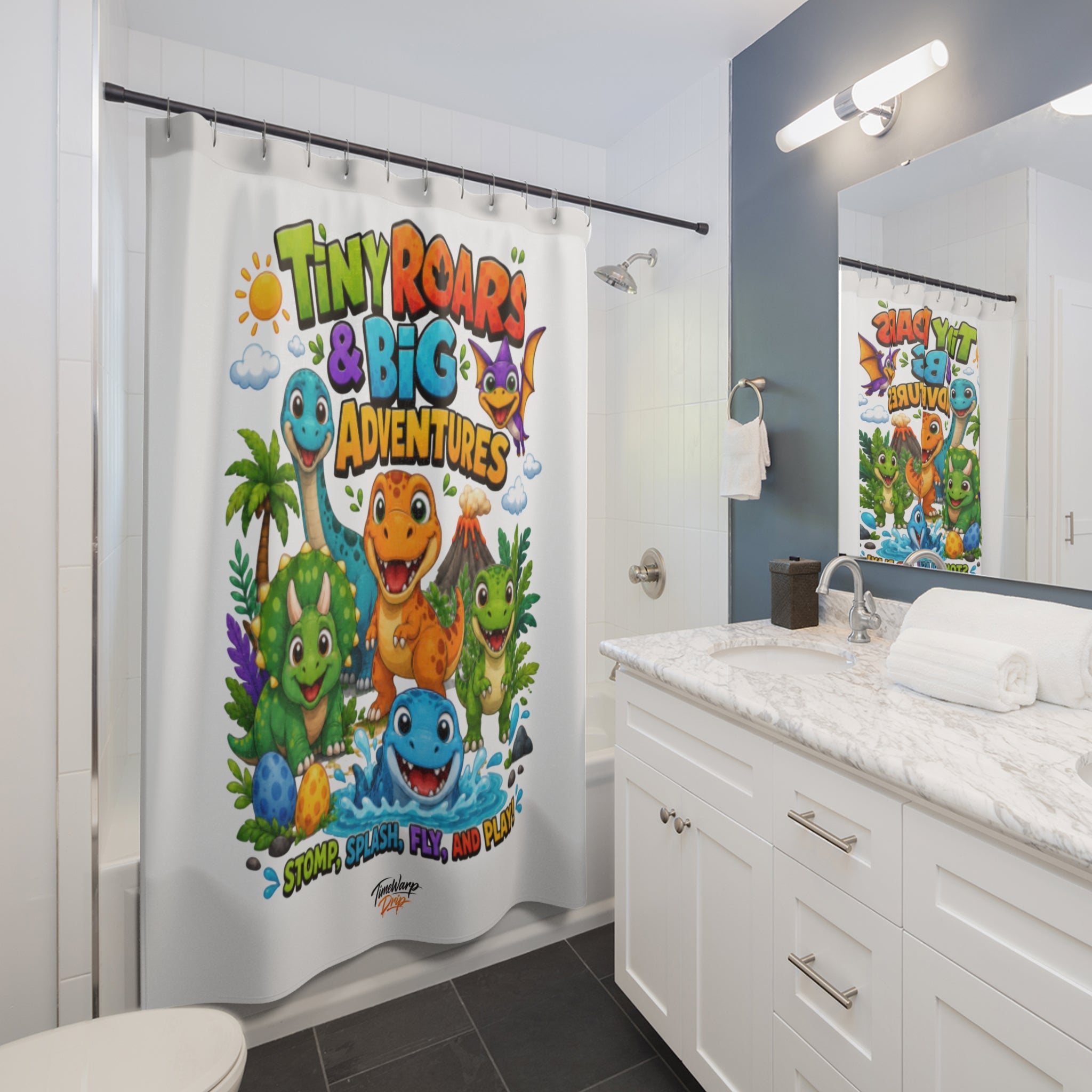 TimeWarp Drip Tiny Roars & Big Adventures Shower Curtain – Multi – Kids Bathroom Decor | TimeWarp Drip