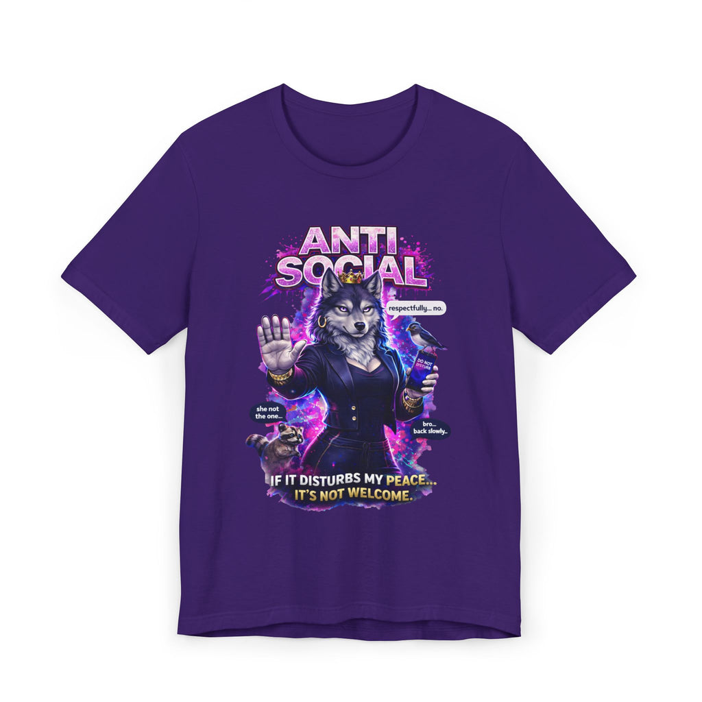 The Anti Social She-Wolf T-Shirt — Funny Introvert Graphic Tee features a purple design with an illustrated she-wolf in a suit, text reading ANTI SOCIAL and “If it disturbs my peace… it’s not welcome,” plus glowing effects and quirky text bubbles.