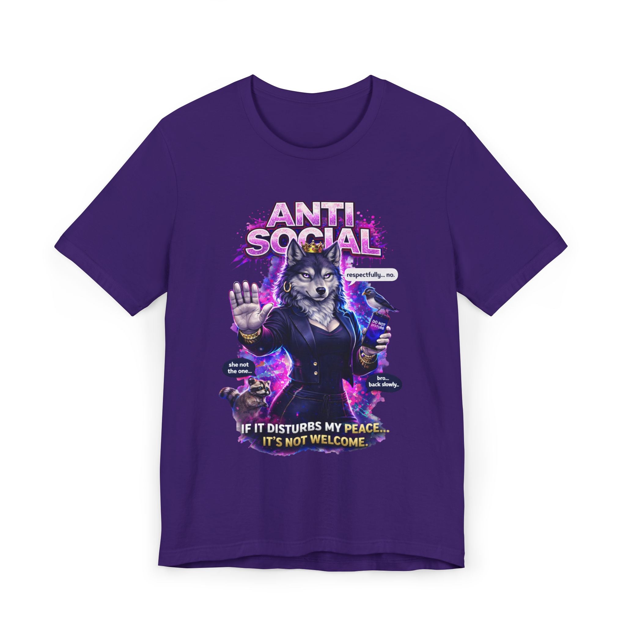 The Anti Social She-Wolf T-Shirt — Funny Introvert Graphic Tee features a purple design with an illustrated she-wolf in a suit, text reading ANTI SOCIAL and “If it disturbs my peace… it’s not welcome,” plus glowing effects and quirky text bubbles.
