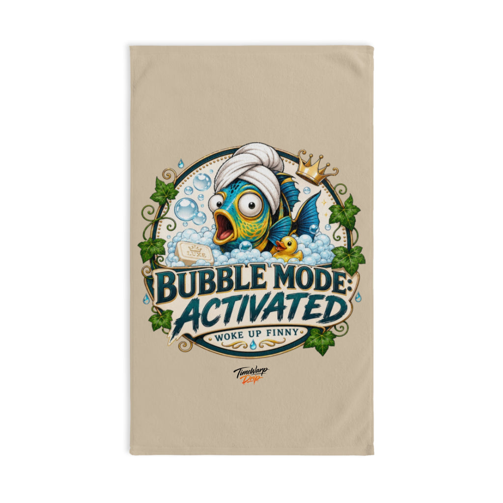 TimeWarp Drip Dripped-out crowned cartoon fish pops on white "Woke Up Finny" hand towel—bubble mode on, streetwear vibes unleashed!. 