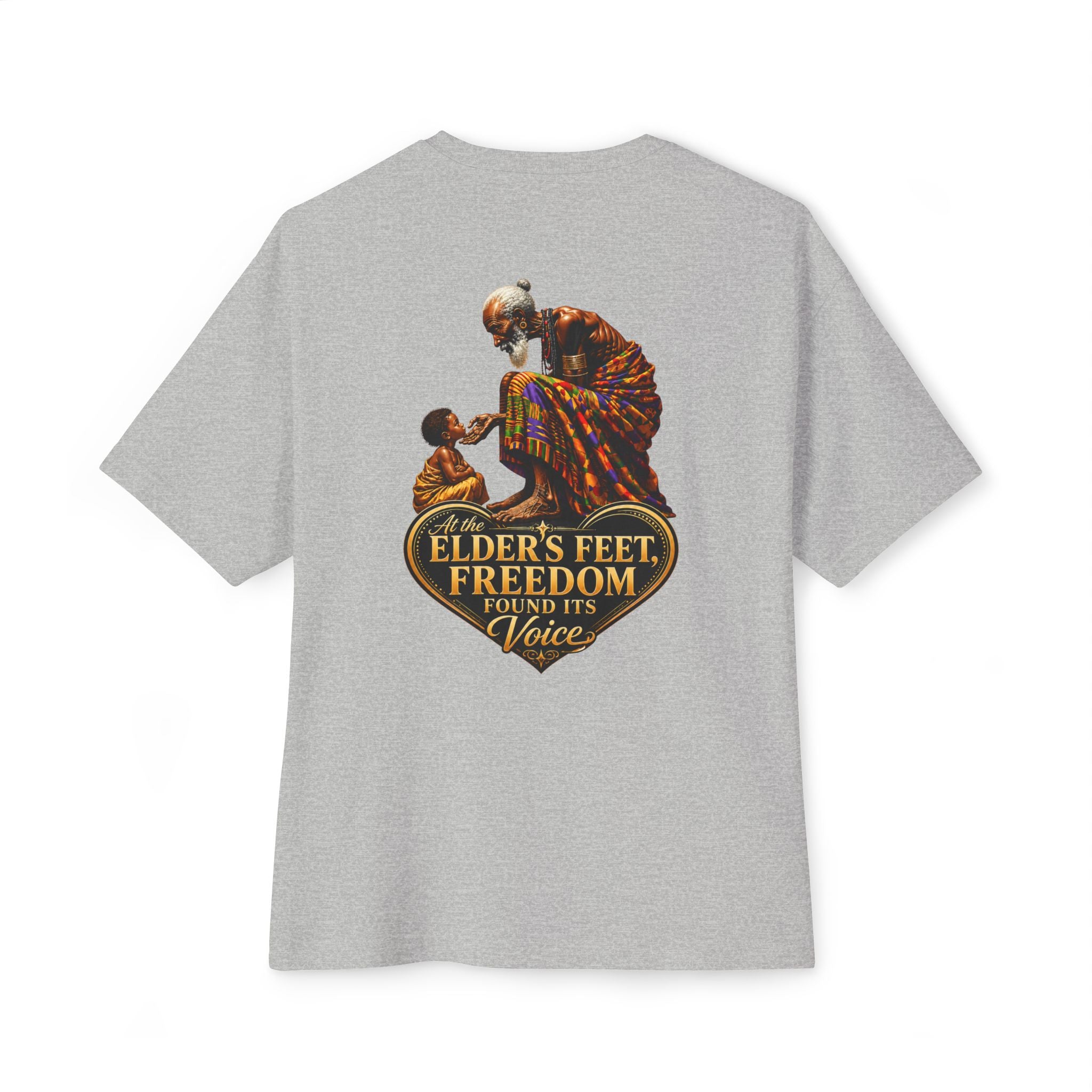 TimeWarp Drip – Oversized boxy gray tee, bold urban style, two abstract figures, “Generational Blessing & Guidance” street graphic. | premium streetwear