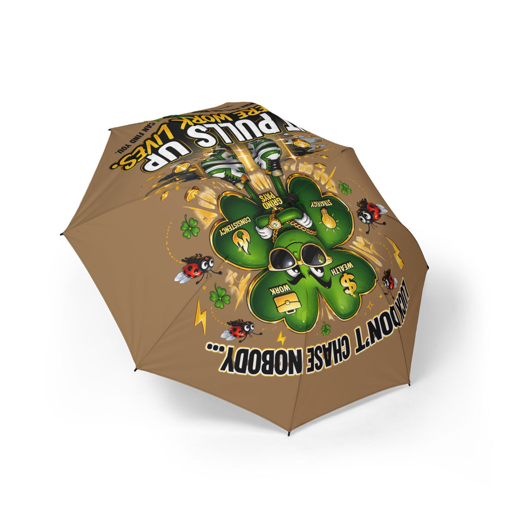 TimeWarp Drip Printify brown foldable umbrella, 48", rocking bold cartoon clover and ladybugs—Luck and drip in every streetwise fold. streetwear apparel