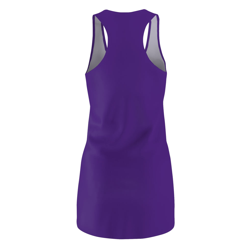 Purple racerback dress with all-over "Big Apple Attitude" print by TimeWarp Drip, featuring NYC-themed graphics and a stylish fit.