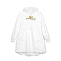 Stay cozy in the "Crowned in Every Era" Royal Chess Graphic Hooded Blanket (White), featuring an oversized fit, front pocket, wrap-style long sleeves, and hood. The chest displays a gold crown graphic above bold yellow “CROWNED ENERGY” text. One size fits most.