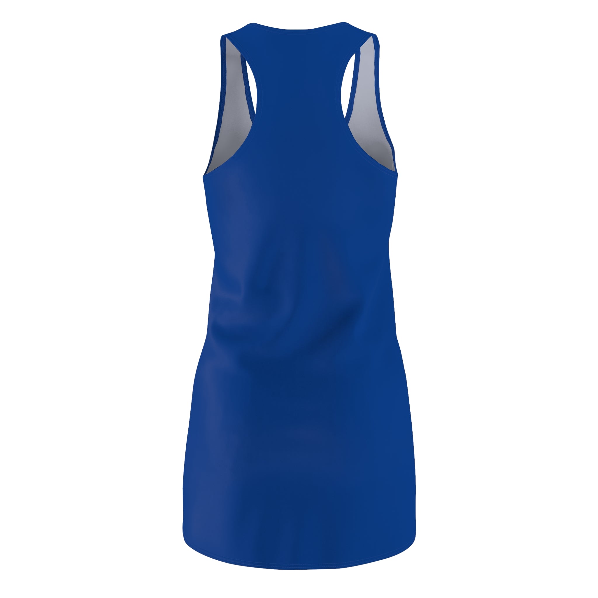Blue racerback dress with all-over print featuring "Big Apple Attitude" design by TimeWarp Drip, showcasing a stylish New York City theme.