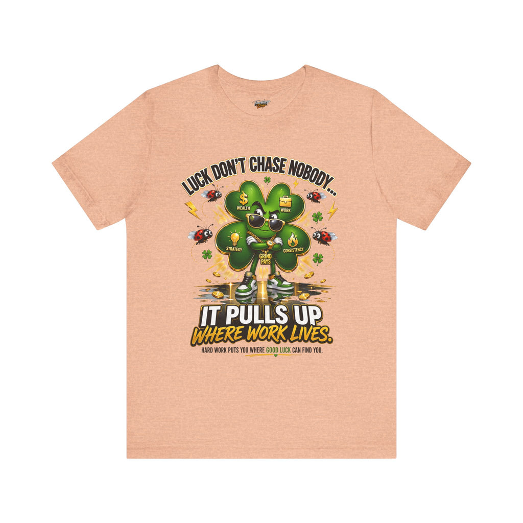 TimeWarp Drip Printify black streetwear tee flexes a bold man graphic, neon 4-leaf clover, and punchy luck-slaying slogan. streetwear apparel