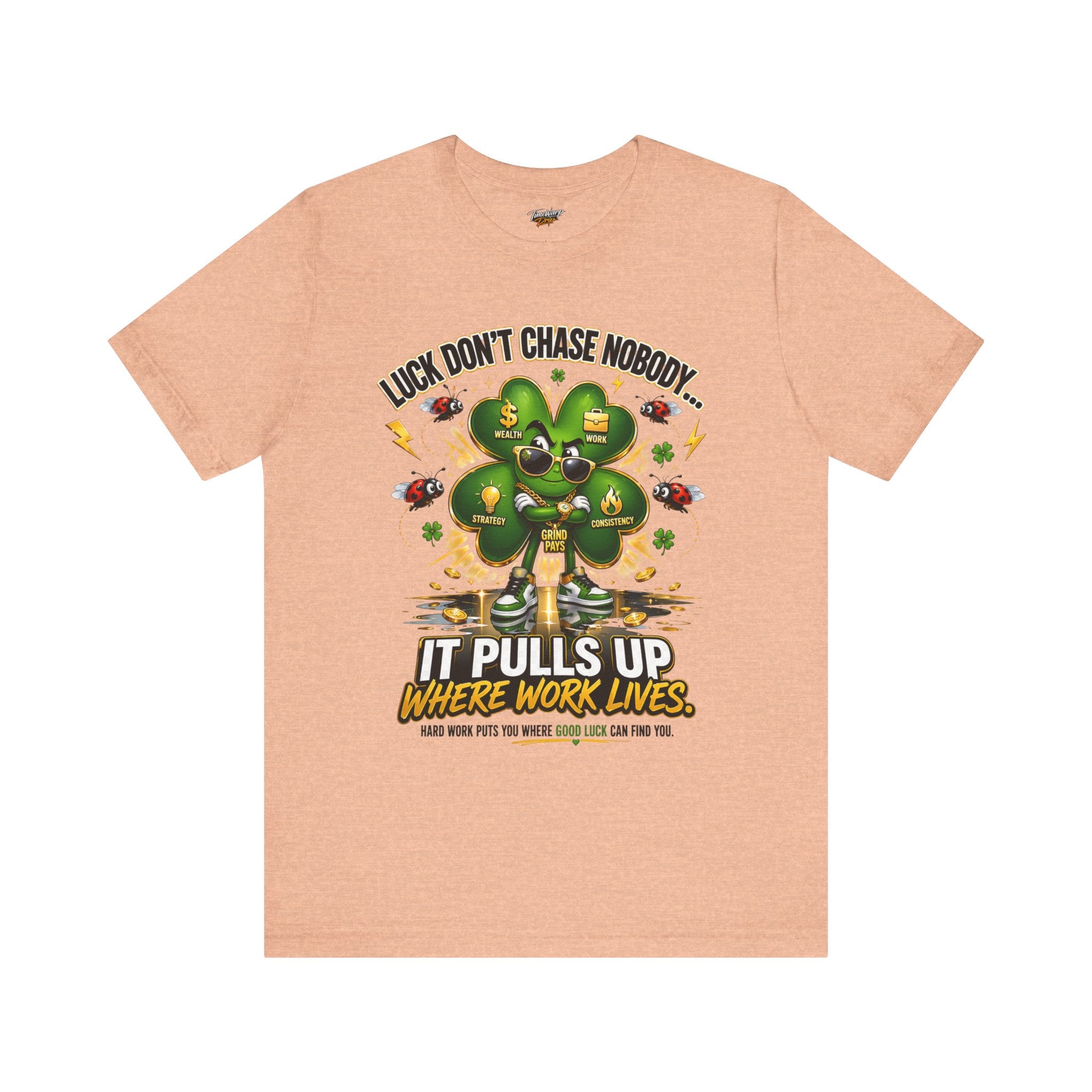 TimeWarp Drip Printify black streetwear tee flexes a bold man graphic, neon 4-leaf clover, and punchy luck-slaying slogan. streetwear apparel