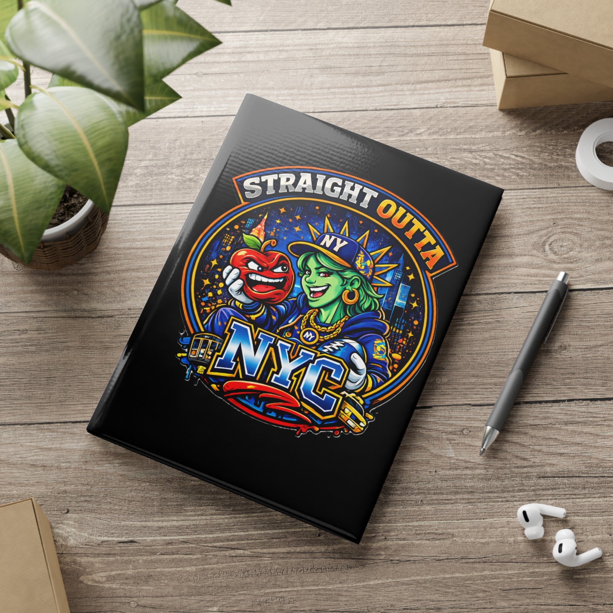 Black hardcover notebook featuring a New York City Statue of Liberty graphic and "Straight Outta NYC" text on the cover.