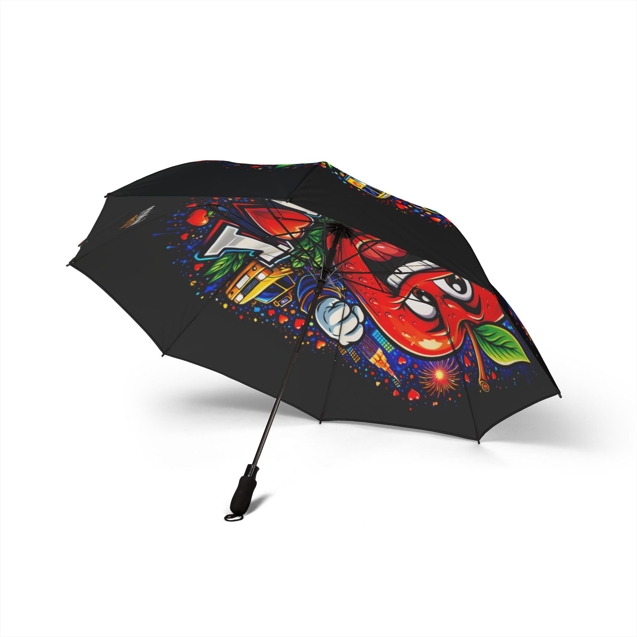The TimeWarp Drip "I Love NYC" foldable umbrella (black) is a one size, semi-automatic rain umbrella with a colorful cartoon-style red apple and bright graphics, offering eye-catching style and ample coverage.