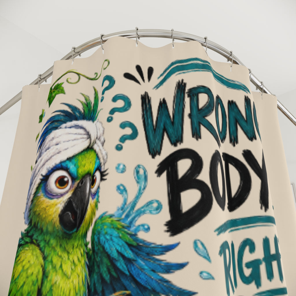 TimeWarp Drip bold shower curtain drips with street style—vivid parrot, punchy "WRONG BODY" text. Bathroom flex, certified fresh!. 