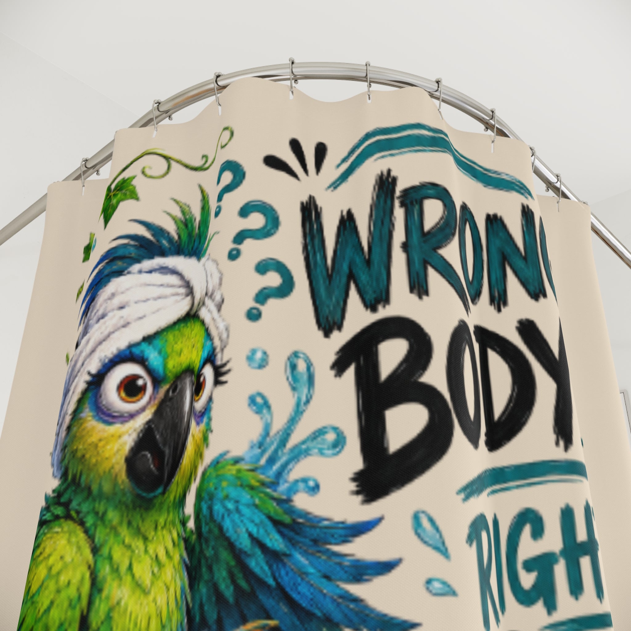 TimeWarp Drip bold shower curtain drips with street style—vivid parrot, punchy "WRONG BODY" text. Bathroom flex, certified fresh!. 