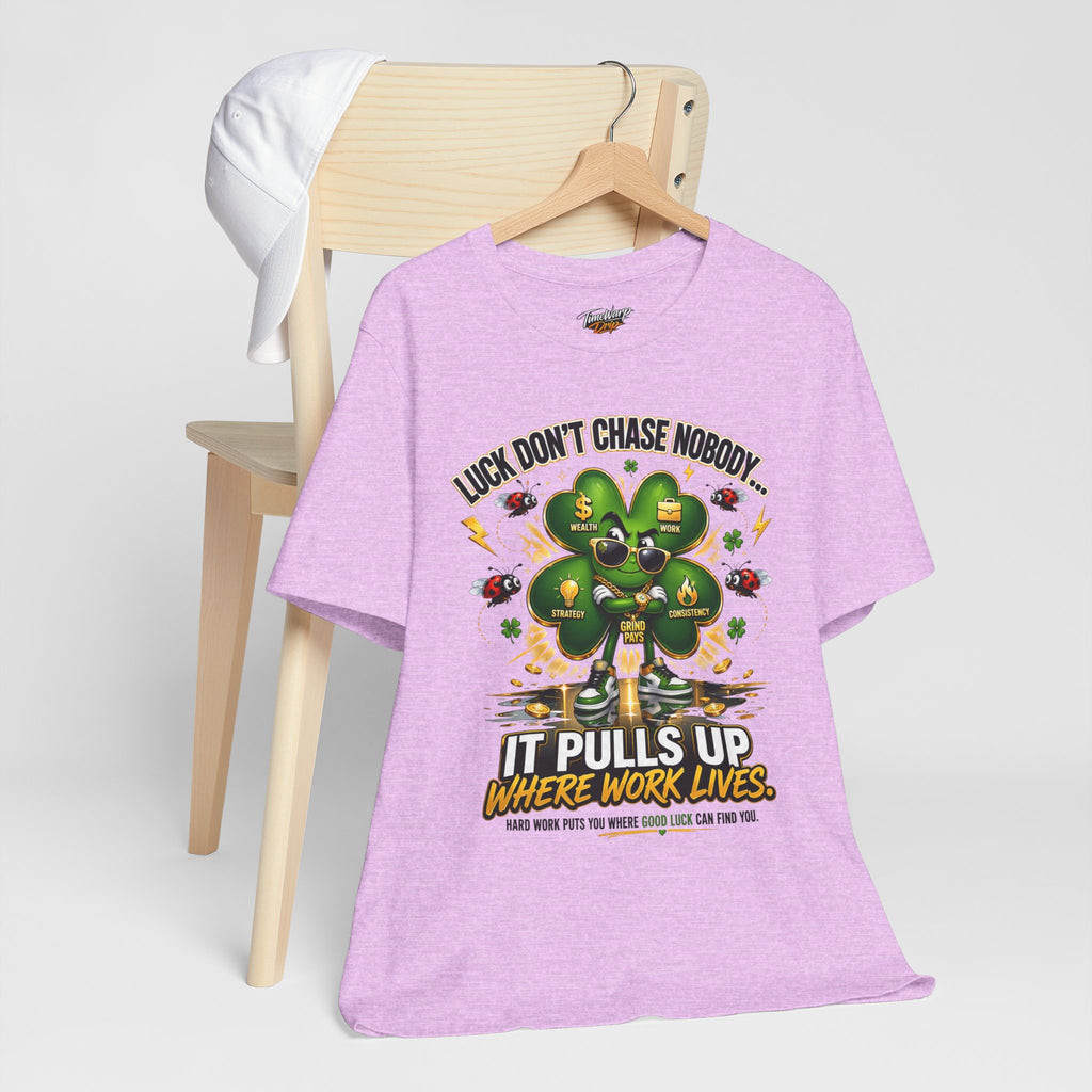 TimeWarp Drip Lucky Clover "Pulls Up Lives" T-Shirt in light purple—streetwise drip, bold vibe. S-XL size chart for perfect fit. streetwear apparel