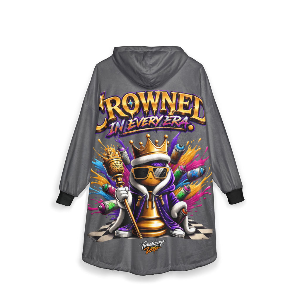 TimeWarp Drip Crowned in Every Era gray hooded blanket by Printify—one size, streetwise chess graffiti, bold drip for every dimension. streetwear apparel