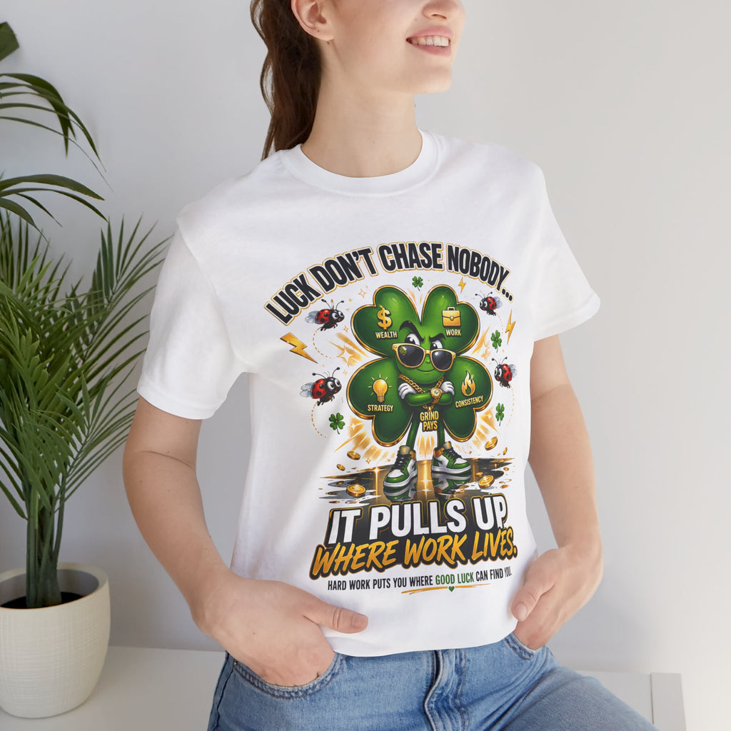 TimeWarp Drip Confident woman rocks a bold black Printify "Luck Don't Chase Nobody" streetwear tee with vibrant 4-leaf clover graphic. streetwear apparel