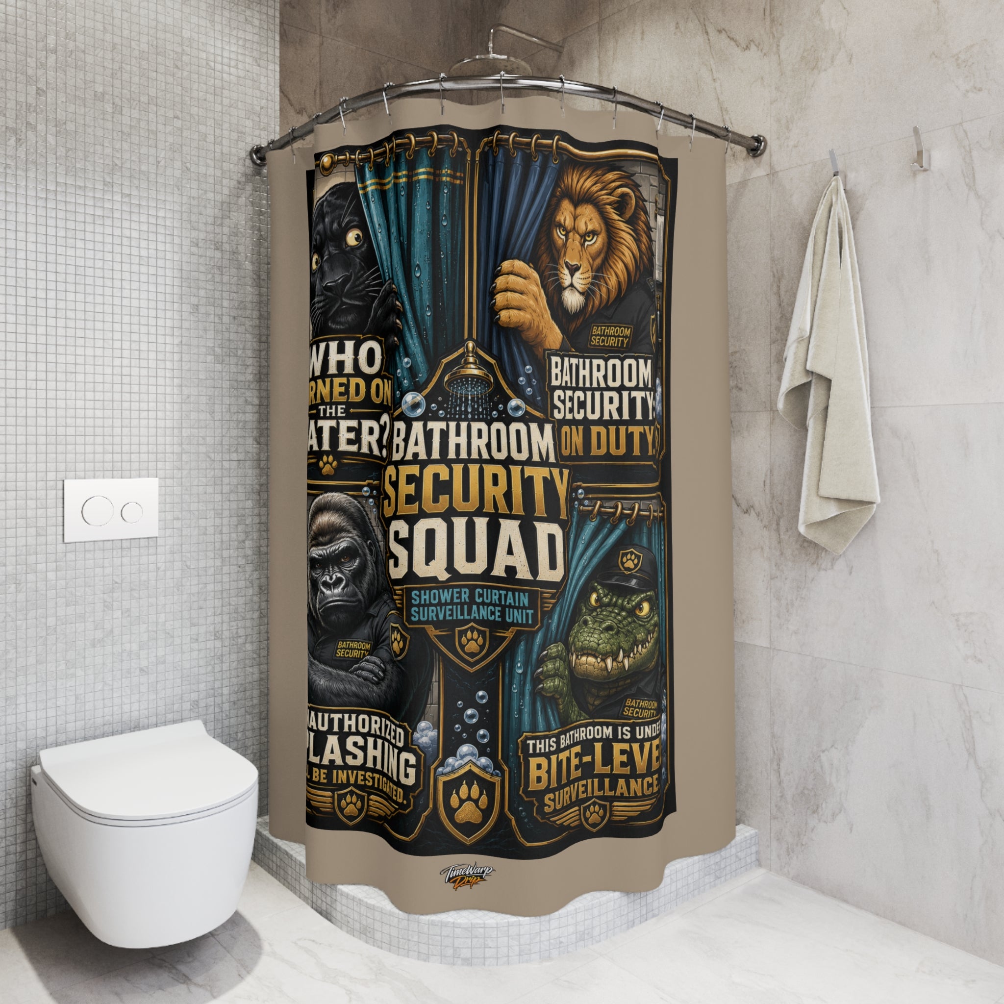 TimeWarp Drip – Beige shower curtain with bold animal guardian graphics, high-energy street style for upscale, culture-driven bathrooms. | premium streetwear