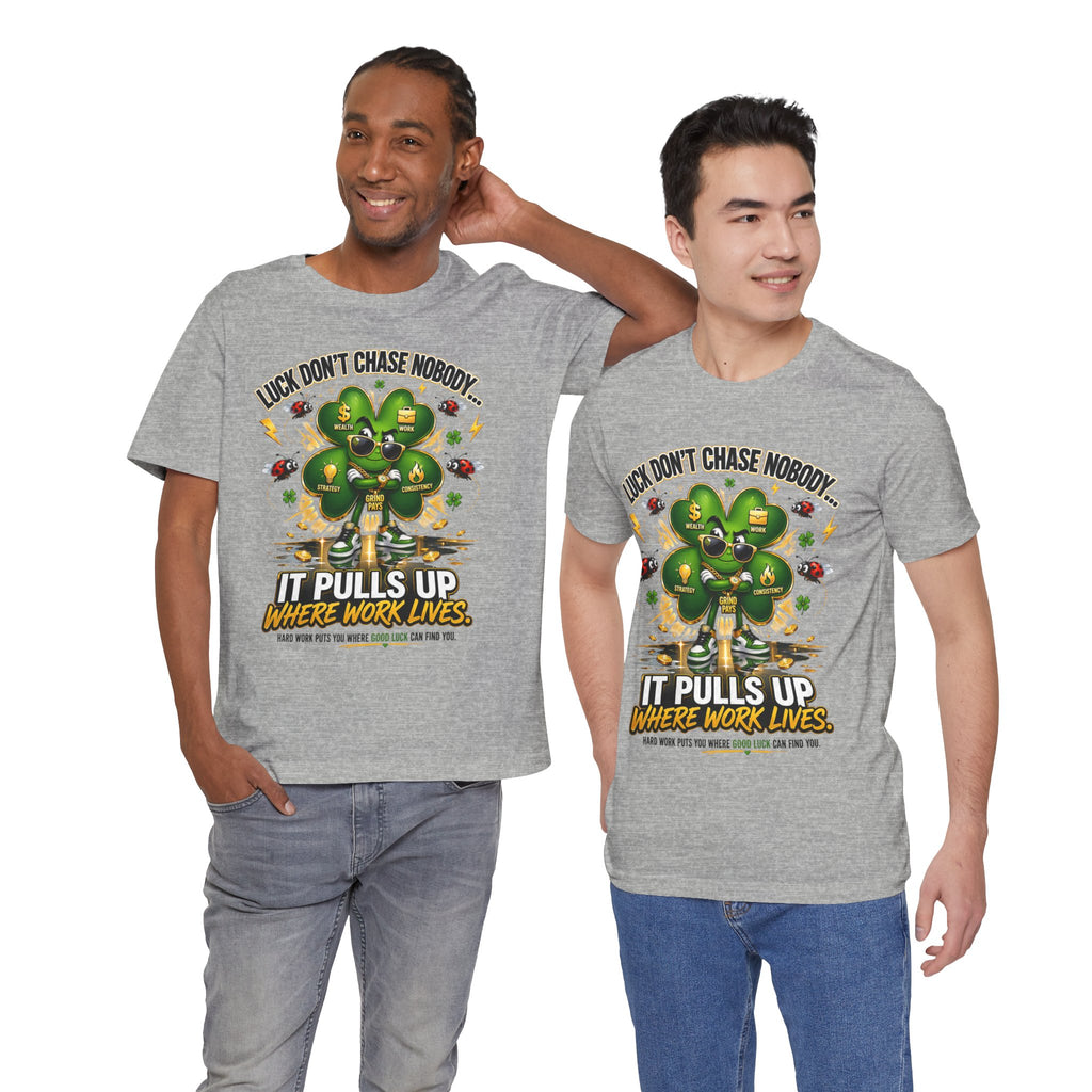 TimeWarp Drip Two men vibe in bold black Printify 4-Leaf Clover T-Shirts—streetwise energy, “Luck Don’t Chase Nobody” loud and proud. streetwear apparel