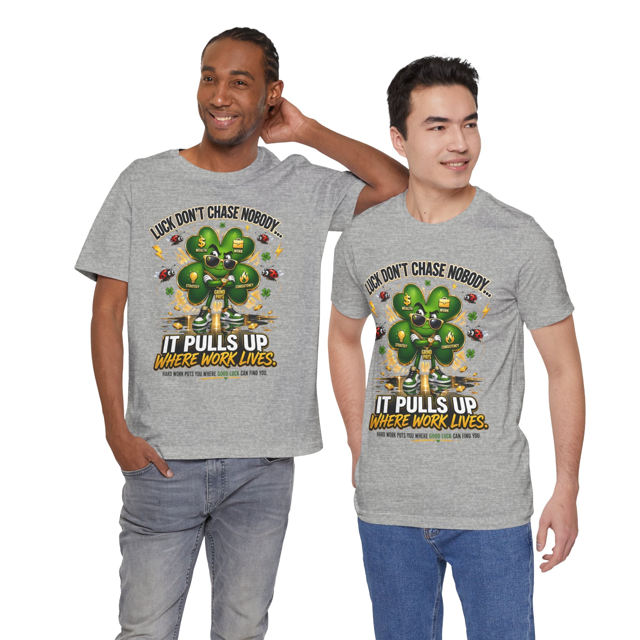 TimeWarp Drip Two men vibe in bold black Printify 4-Leaf Clover T-Shirts—streetwise energy, “Luck Don’t Chase Nobody” loud and proud. streetwear apparel