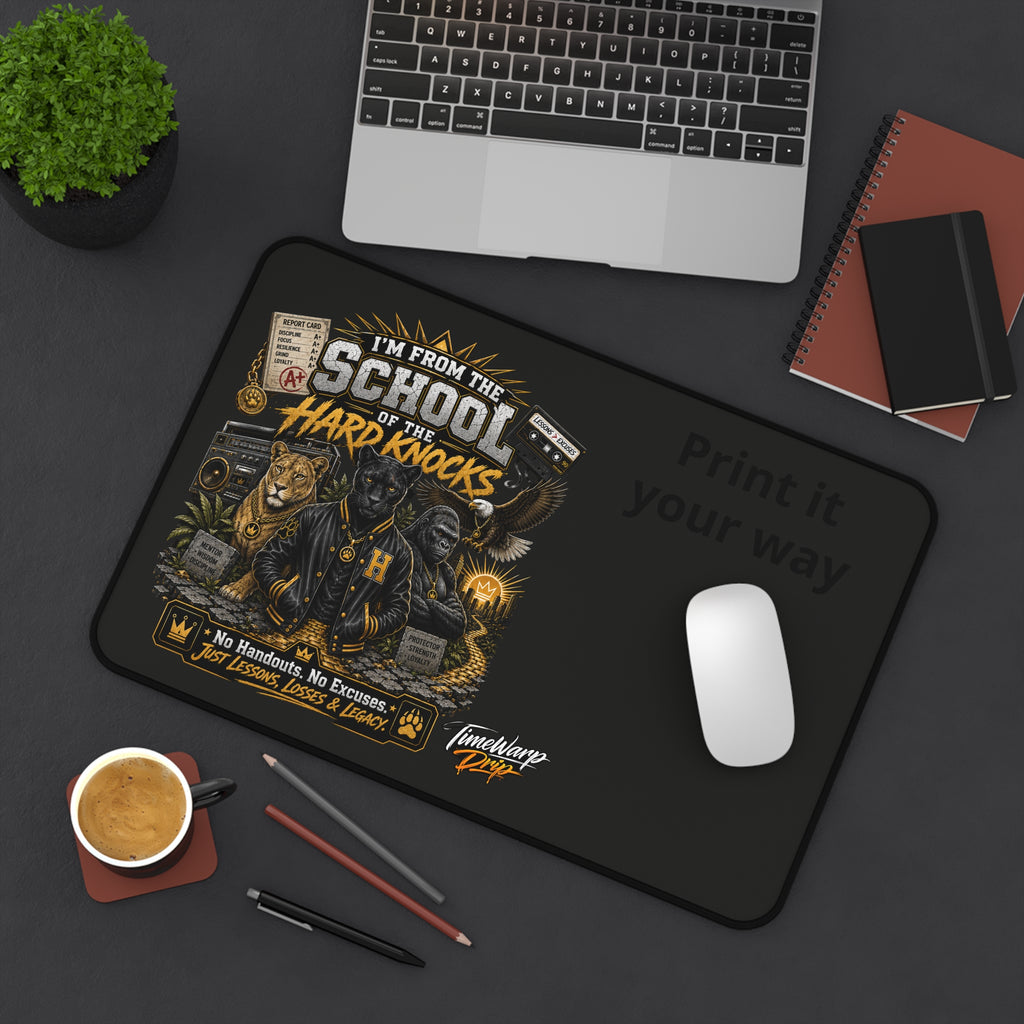 TimeWarp Drip – Black desk mat with bold, street-inspired “School of Hard Knocks” graphic—luxury urban energy for your workspace. | premium streetwear