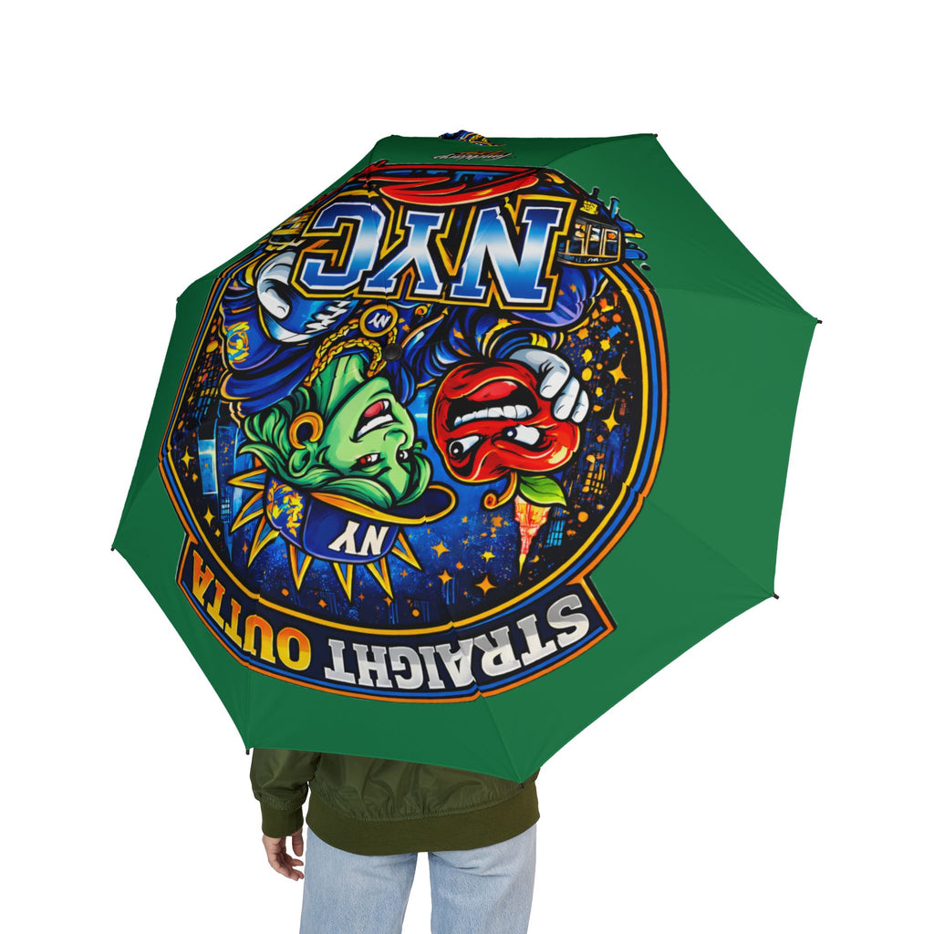 Green NYC Night Out foldable umbrella with colorful design, semi-automatic rain umbrella by TimeWarp Drip, compact and stylish accessories.