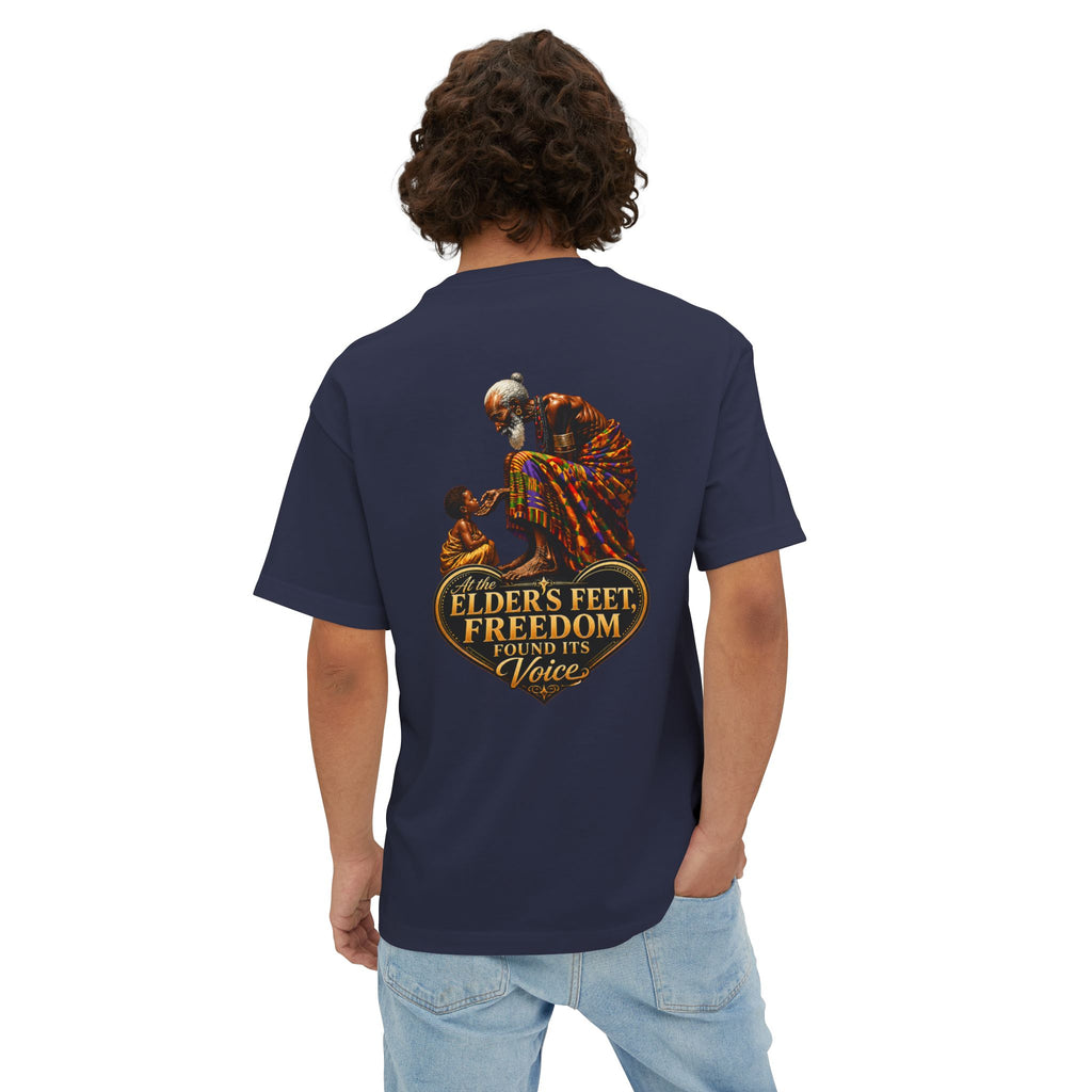 TimeWarp Drip – Navy oversized boxy Premium Urban Fashiontee with bold "We Are the Harvest — Generational Blessing & Guidance" graphic, city attitude. | premium streetwear