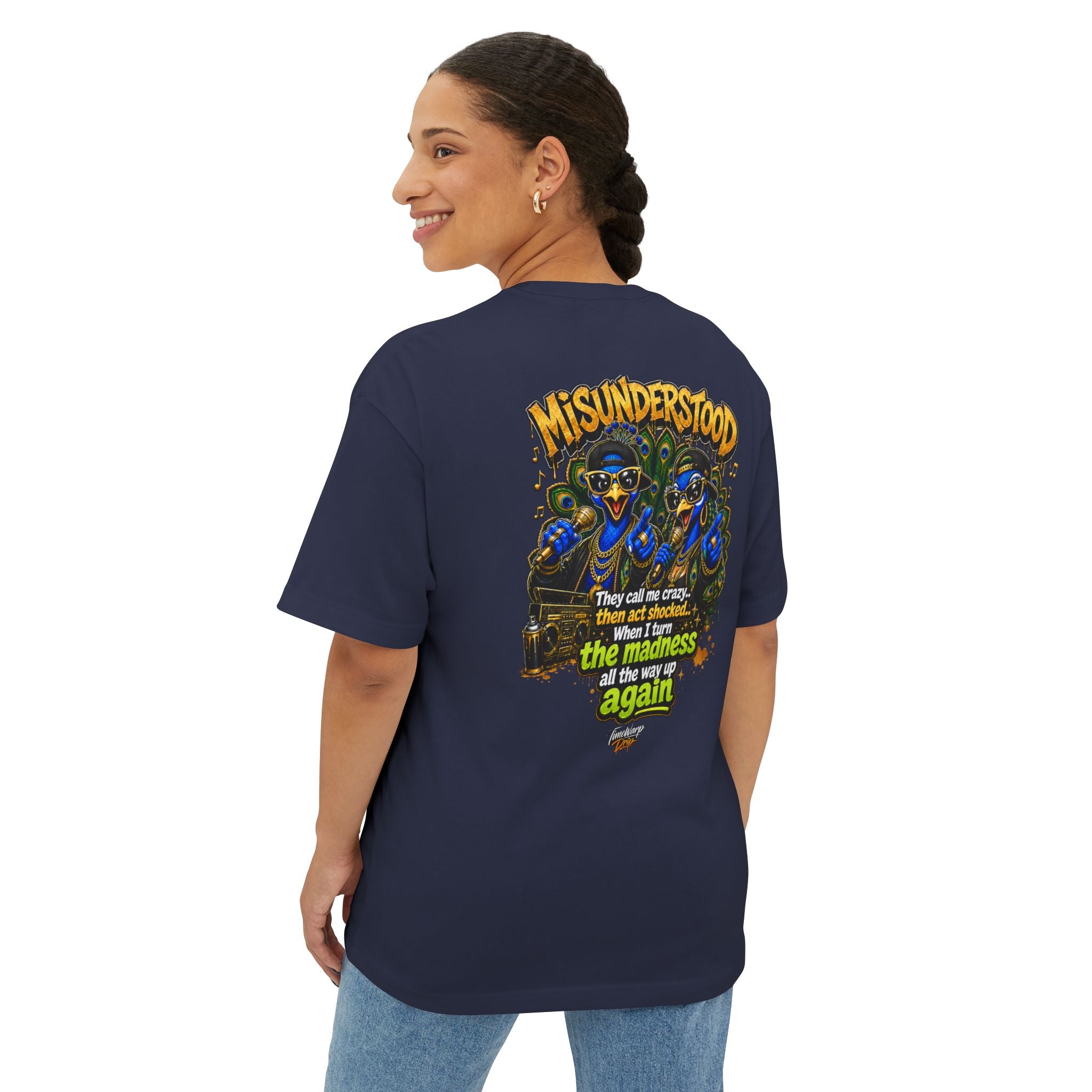 TimeWarp Drip – Oversized white boxy tee, bold Dual Peacock street art on back, "They Call Me Crazy I Call It Genius" urban graphic. | premium streetwear