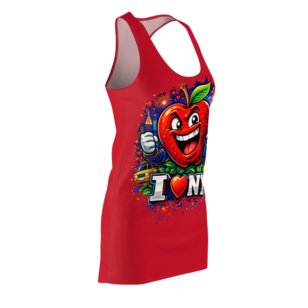Red Racerback Dress with "Big Apple Attitude" all-over print featuring New York City skyline, by TimeWarp Drip.